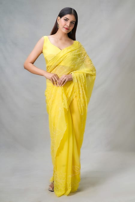 Shop_Naintara Bajaj_Yellow Silk Pearls Sunshine Handwork Saree With Blouse_Online_at_Aza_Fashions