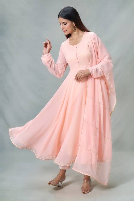 Naintara Bajaj_Peach Georgette, Cotton Gota Patti Solid Anarkali Set With Embellished Dupatta_Online_at_Aza_Fashions