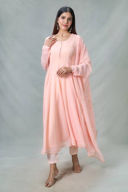 Buy_Naintara Bajaj_Peach Georgette, Cotton Gota Patti Solid Anarkali Set With Embellished Dupatta_Online_at_Aza_Fashions