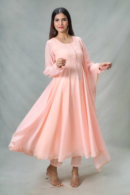 Shop_Naintara Bajaj_Peach Georgette, Cotton Gota Patti Solid Anarkali Set With Embellished Dupatta_Online_at_Aza_Fashions
