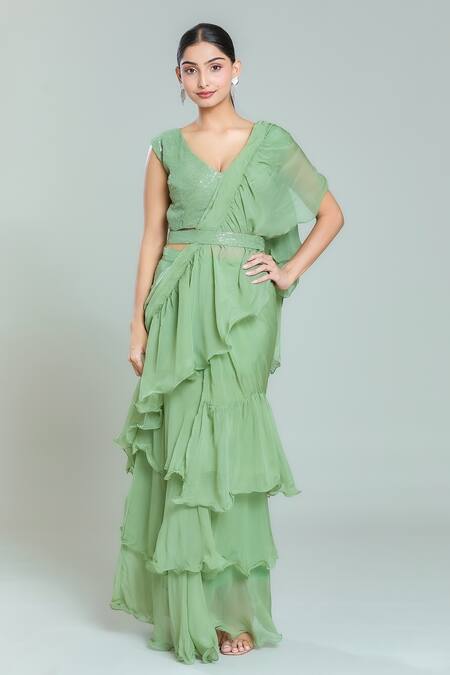 Buy_Naintara Bajaj_Green Organza, Georgette Sequins V-neck Solid Tiered Pre-draped Ruffle Saree Set_Online_at_Aza_Fashions