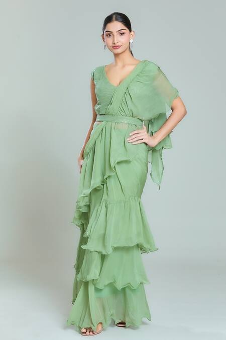 Shop_Naintara Bajaj_Green Organza, Georgette Sequins V-neck Solid Tiered Pre-draped Ruffle Saree Set_Online_at_Aza_Fashions