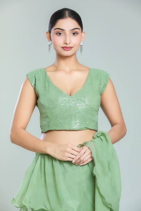 Buy_Naintara Bajaj_Green Organza, Georgette Sequins V-neck Solid Tiered Pre-draped Ruffle Saree Set