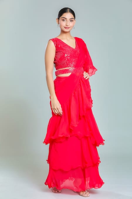 Samyukta Singhania Red Georgette Embroidery Sequin V Neck Plain Tiered Pre-draped Ruffle Saree Set  5