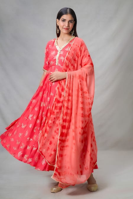 Shop Naintara Bajaj Red Cotton, Chiffon, Silk Sequins V-neck Butterfly Punch Print Anarkali Set at Aza Fashions Shop_Naintara Bajaj_Red Cotton, Chiffon, Silk Sequins V-neck Butterfly Punch Print Anarkali Set_at_Aza_Fashions