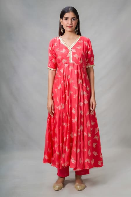 Buy Naintara Bajaj Red Cotton, Chiffon, Silk Sequins V-neck Butterfly Punch Print Anarkali Set Online at Aza Fashions Buy_Naintara Bajaj_Red Cotton, Chiffon, Silk Sequins V-neck Butterfly Punch Print Anarkali Set_Online_at_Aza_Fashions