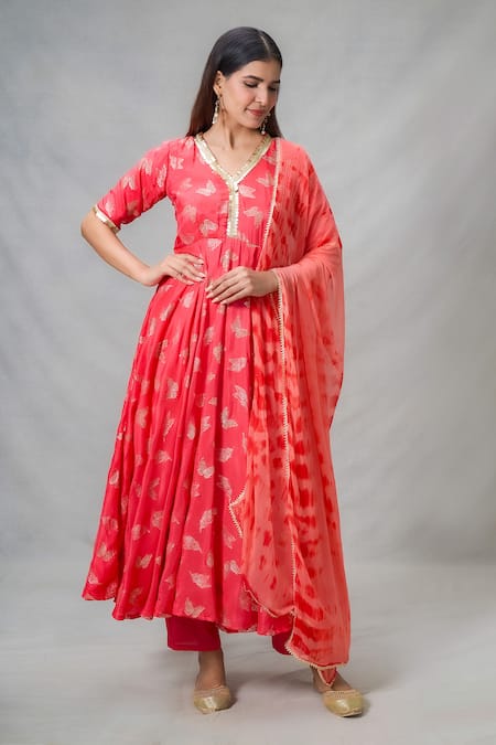 Shop Naintara Bajaj Red Cotton, Chiffon, Silk Sequins V-neck Butterfly Punch Print Anarkali Set Online at Aza Fashions Shop_Naintara Bajaj_Red Cotton, Chiffon, Silk Sequins V-neck Butterfly Punch Print Anarkali Set_Online_at_Aza_Fashions