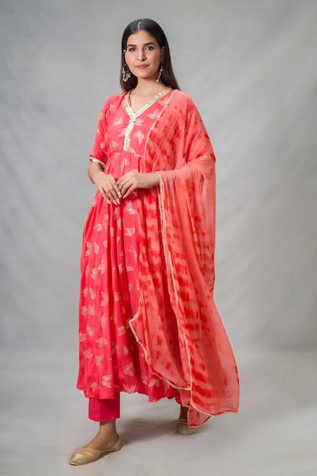 Naintara Bajaj Red Cotton, Chiffon, Silk Sequins V-neck Butterfly Punch Print Anarkali Set at Aza Fashions Naintara Bajaj_Red Cotton, Chiffon, Silk Sequins V-neck Butterfly Punch Print Anarkali Set_at_Aza_Fashions