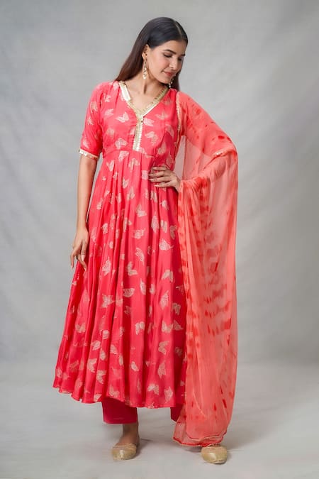 Buy Naintara Bajaj Red Cotton, Chiffon, Silk Sequins V-neck Butterfly Punch Print Anarkali Set Buy_Naintara Bajaj_Red Cotton, Chiffon, Silk Sequins V-neck Butterfly Punch Print Anarkali Set