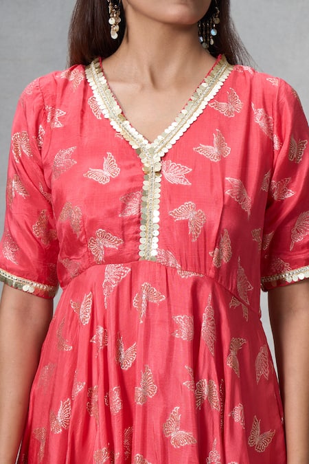 Shop Naintara Bajaj Red Cotton, Chiffon, Silk Sequins V-neck Butterfly Punch Print Anarkali Set Shop_Naintara Bajaj_Red Cotton, Chiffon, Silk Sequins V-neck Butterfly Punch Print Anarkali Set