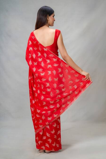 Shop Samyukta Singhania Red Silk Embroidery Butterfly Punch Print Saree With Blouse at Aza Fashions Shop_Samyukta Singhania_Red Silk Embroidery Butterfly Punch Print Saree With Blouse_at_Aza_Fashions