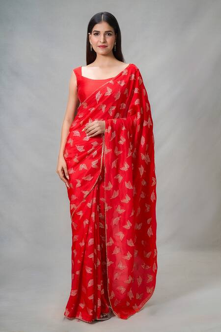 Samyukta Singhania Red Silk Embroidery Butterfly Punch Print Saree With Blouse Online at Aza Fashions Samyukta Singhania_Red Silk Embroidery Butterfly Punch Print Saree With Blouse_Online_at_Aza_Fashions