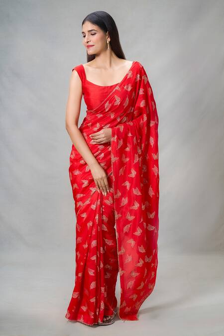 Shop Samyukta Singhania Red Silk Embroidery Butterfly Punch Print Saree With Blouse Online at Aza Fashions Shop_Samyukta Singhania_Red Silk Embroidery Butterfly Punch Print Saree With Blouse_Online_at_Aza_Fashions