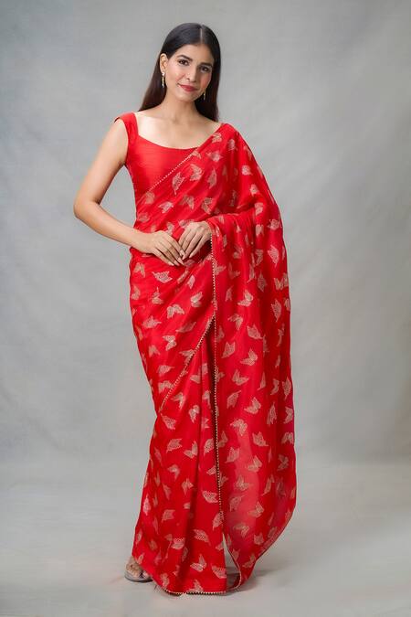 Samyukta Singhania Red Silk Embroidery Butterfly Punch Print Saree With Blouse at Aza Fashions Samyukta Singhania_Red Silk Embroidery Butterfly Punch Print Saree With Blouse_at_Aza_Fashions