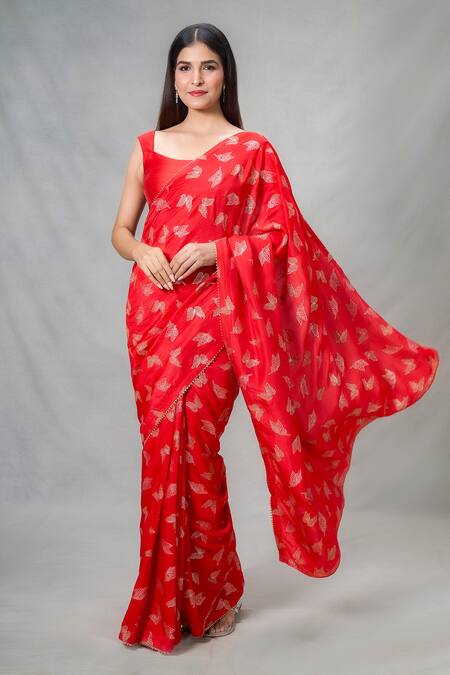 Buy Samyukta Singhania Red Silk Embroidery Butterfly Punch Print Saree With Blouse Buy_Samyukta Singhania_Red Silk Embroidery Butterfly Punch Print Saree With Blouse