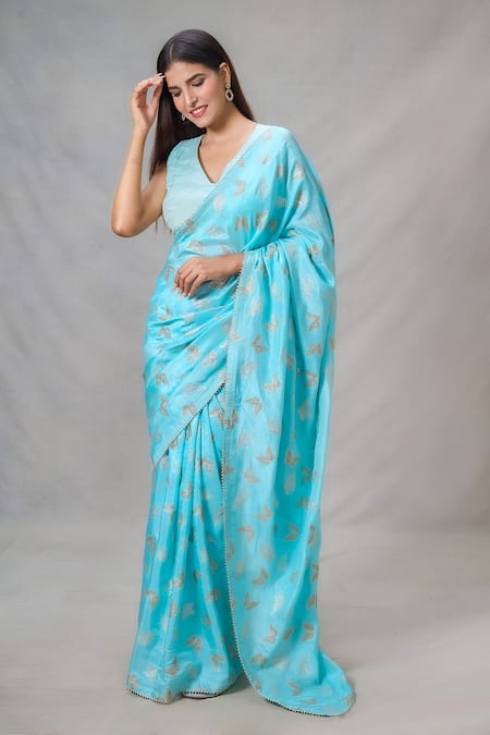 Samyukta Singhania_Blue Silk Butterfly Print Saree With Blouse_Online_at_Aza_Fashions