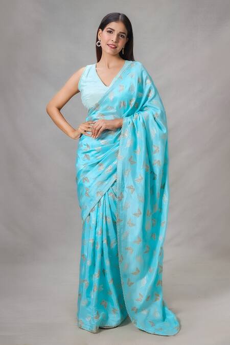 Buy_Samyukta Singhania_Blue Silk Butterfly Print Saree With Blouse_Online_at_Aza_Fashions