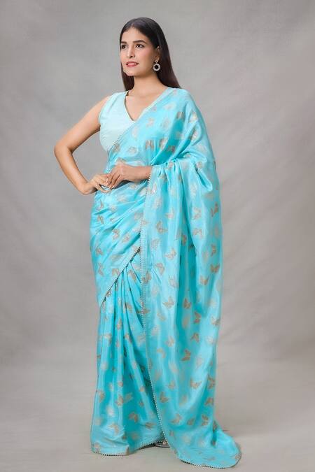 Shop_Samyukta Singhania_Blue Silk Butterfly Print Saree With Blouse_Online_at_Aza_Fashions