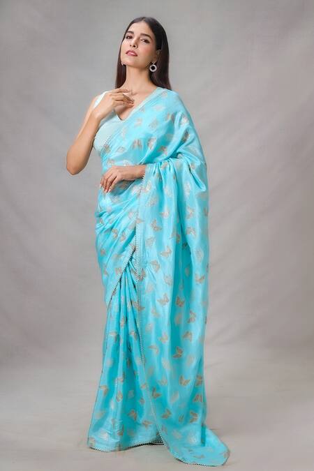 Samyukta Singhania_Blue Silk Butterfly Print Saree With Blouse_at_Aza_Fashions