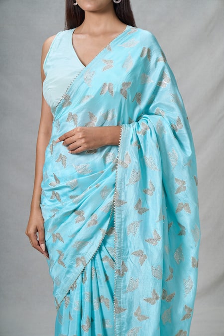 Buy_Samyukta Singhania_Blue Silk Butterfly Print Saree With Blouse