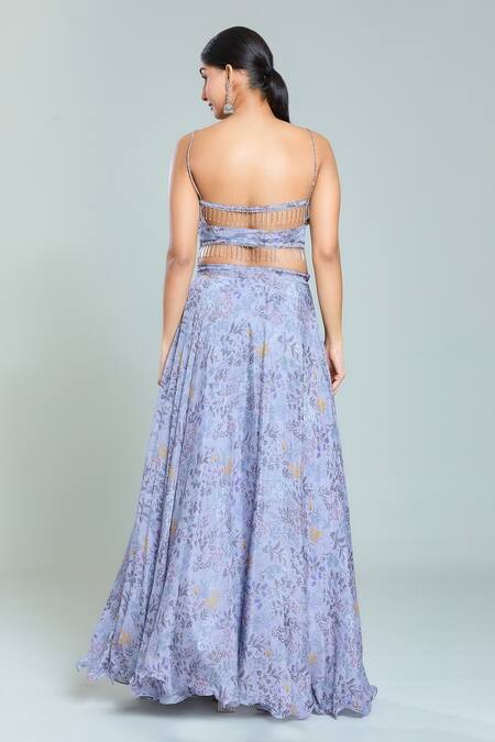 Shop Samyukta Singhania Grey Organza, Chiffon Tassels Scoop Neck Flint Gardenia Print Lehenga Set at Aza Fashions Shop_Samyukta Singhania_Grey Organza, Chiffon Tassels Scoop Neck Flint Gardenia Print Lehenga Set_at_Aza_Fashions