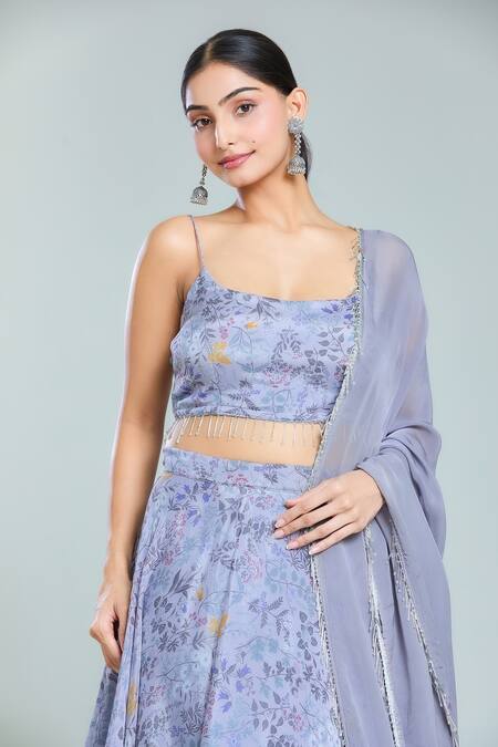Samyukta Singhania Grey Organza, Chiffon Tassels Scoop Neck Flint Gardenia Print Lehenga Set Online at Aza Fashions Samyukta Singhania_Grey Organza, Chiffon Tassels Scoop Neck Flint Gardenia Print Lehenga Set_Online_at_Aza_Fashions