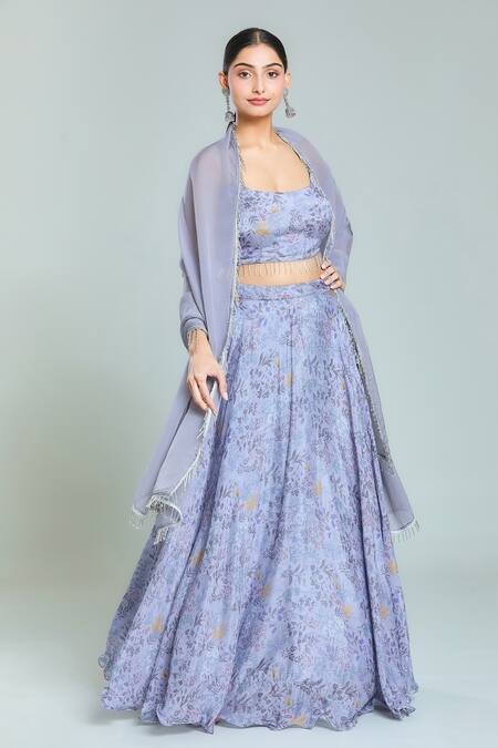 Shop Samyukta Singhania Grey Organza, Chiffon Tassels Scoop Neck Flint Gardenia Print Lehenga Set Online at Aza Fashions Shop_Samyukta Singhania_Grey Organza, Chiffon Tassels Scoop Neck Flint Gardenia Print Lehenga Set_Online_at_Aza_Fashions