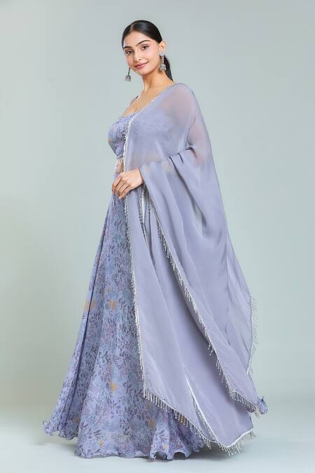 Samyukta Singhania Grey Organza, Chiffon Tassels Scoop Neck Flint Gardenia Print Lehenga Set at Aza Fashions Samyukta Singhania_Grey Organza, Chiffon Tassels Scoop Neck Flint Gardenia Print Lehenga Set_at_Aza_Fashions