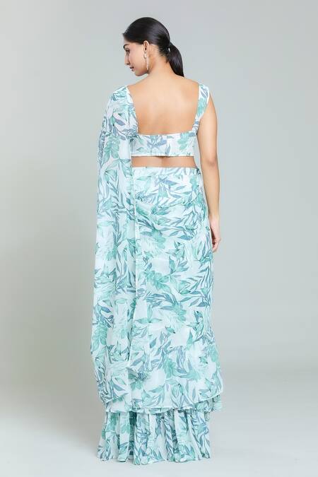 Shop Naintara Bajaj White Georgette V-neck Cloudburst Woods Print Tiered Pre-draped Ruffle Saree Set at Aza Fashions Shop_Naintara Bajaj_White Georgette V-neck Cloudburst Woods Print Tiered Pre-draped Ruffle Saree Set_at_Aza_Fashions