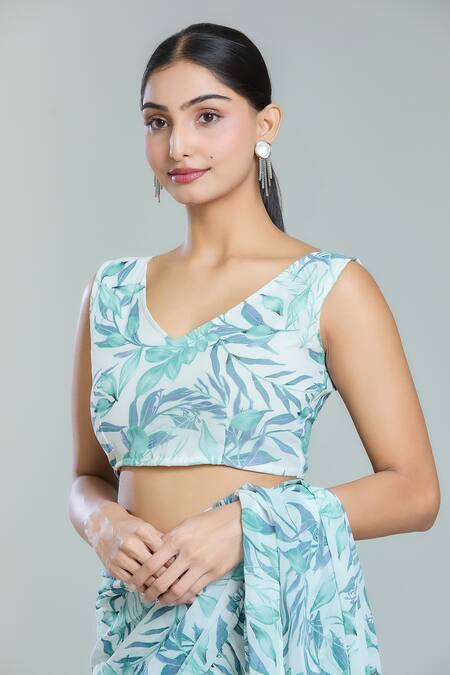 Naintara Bajaj White Georgette V-neck Cloudburst Woods Print Tiered Pre-draped Ruffle Saree Set Online at Aza Fashions Naintara Bajaj_White Georgette V-neck Cloudburst Woods Print Tiered Pre-draped Ruffle Saree Set_Online_at_Aza_Fashions