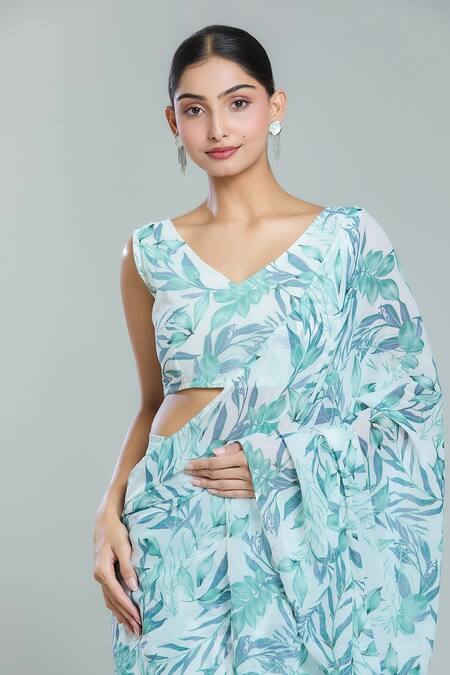 Shop Naintara Bajaj White Georgette V-neck Cloudburst Woods Print Tiered Pre-draped Ruffle Saree Set Online at Aza Fashions Shop_Naintara Bajaj_White Georgette V-neck Cloudburst Woods Print Tiered Pre-draped Ruffle Saree Set_Online_at_Aza_Fashions