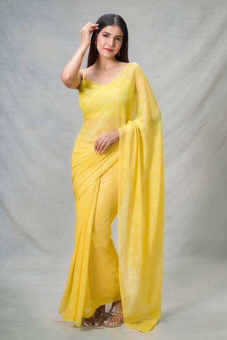 Shop Naintara Bajaj Yellow Lurex Shimmery Saree With Blouse Online at Aza Fashions Shop_Naintara Bajaj_Yellow Lurex Shimmery Saree With Blouse_Online_at_Aza_Fashions