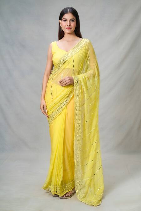 Samyukta Singhania_Yellow Silk Mirrors Sheesha Wave Pattern Embroidered Saree With Blouse_Online_at_Aza_Fashions