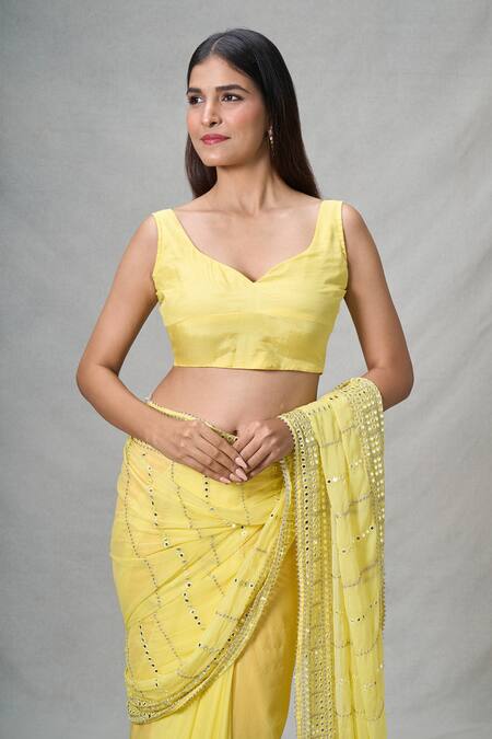 Buy_Samyukta Singhania_Yellow Silk Mirrors Sheesha Wave Pattern Embroidered Saree With Blouse_Online_at_Aza_Fashions