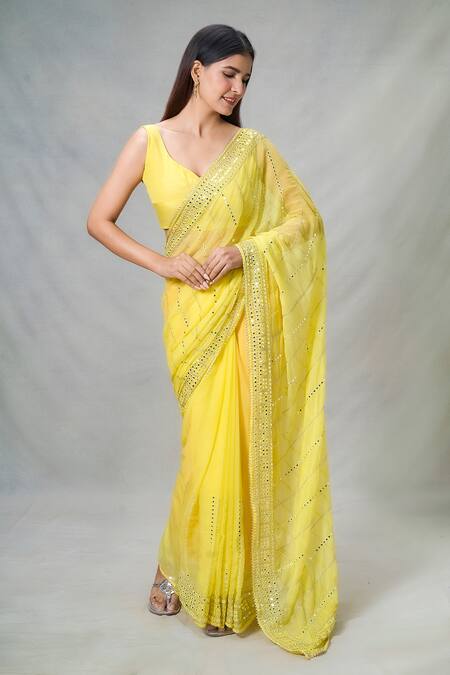 Shop_Samyukta Singhania_Yellow Silk Mirrors Sheesha Wave Pattern Embroidered Saree With Blouse_Online_at_Aza_Fashions