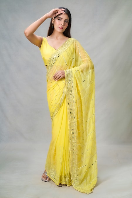 Samyukta Singhania_Yellow Silk Mirrors Sheesha Wave Pattern Embroidered Saree With Blouse_at_Aza_Fashions