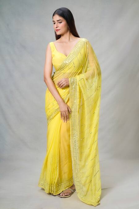 Buy_Samyukta Singhania_Yellow Silk Mirrors Sheesha Wave Pattern Embroidered Saree With Blouse