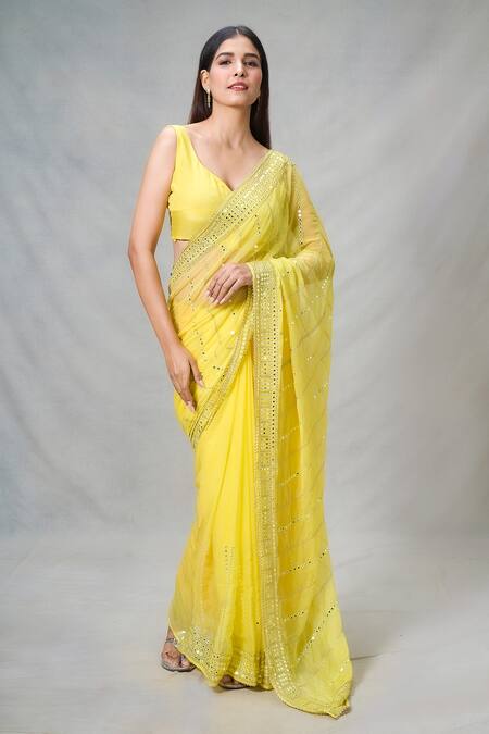 Shop_Samyukta Singhania_Yellow Silk Mirrors Sheesha Wave Pattern Embroidered Saree With Blouse