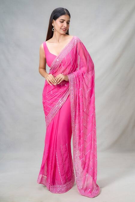 Samyukta Singhania Pink Mirrors Sheesha Vine Wave Pattern Embroidered Saree With Blouse Online at Aza Fashions Samyukta Singhania_Pink Mirrors Sheesha Vine Wave Pattern Embroidered Saree With Blouse_Online_at_Aza_Fashions