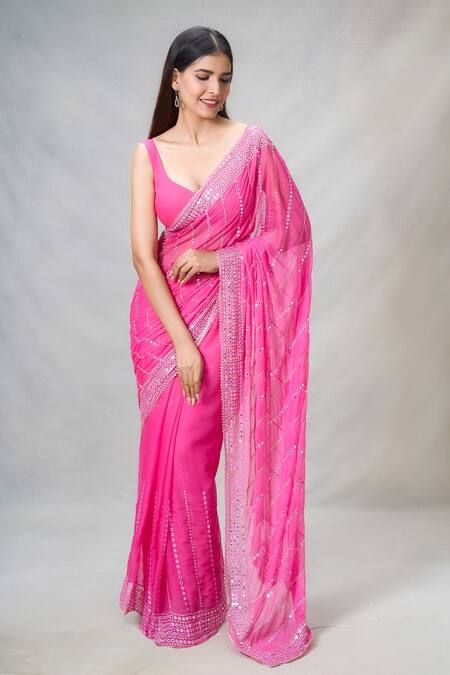 Shop Samyukta Singhania Pink Mirrors Sheesha Vine Wave Pattern Embroidered Saree With Blouse Online at Aza Fashions Shop_Samyukta Singhania_Pink Mirrors Sheesha Vine Wave Pattern Embroidered Saree With Blouse_Online_at_Aza_Fashions