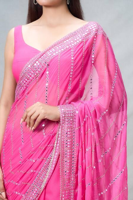 Samyukta Singhania Pink Mirrors Sheesha Vine Wave Pattern Embroidered Saree With Blouse at Aza Fashions Samyukta Singhania_Pink Mirrors Sheesha Vine Wave Pattern Embroidered Saree With Blouse_at_Aza_Fashions