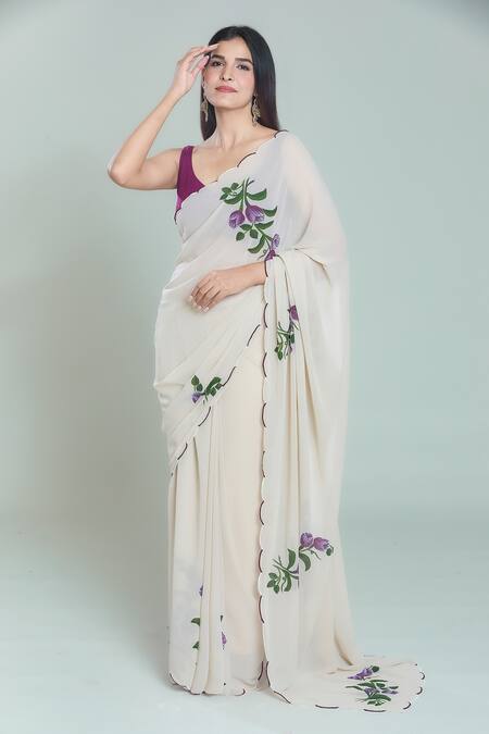 Buy_Naintara Bajaj_Beige Georgette Tulip Handpainted Scallop Border Saree With Blouse_Online_at_Aza_Fashions