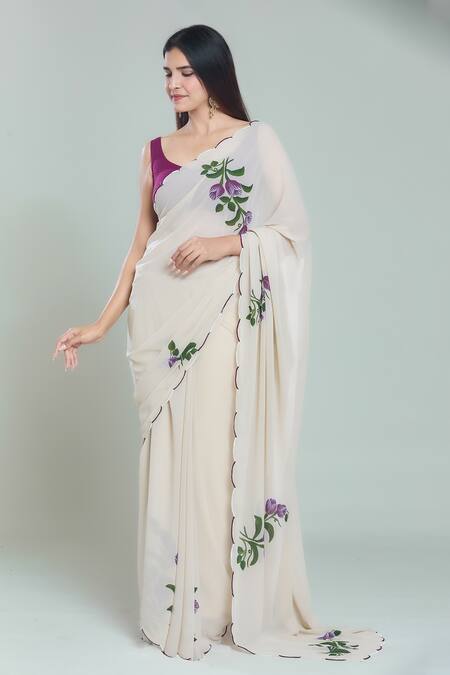 Shop_Naintara Bajaj_Beige Georgette Tulip Handpainted Scallop Border Saree With Blouse_Online_at_Aza_Fashions