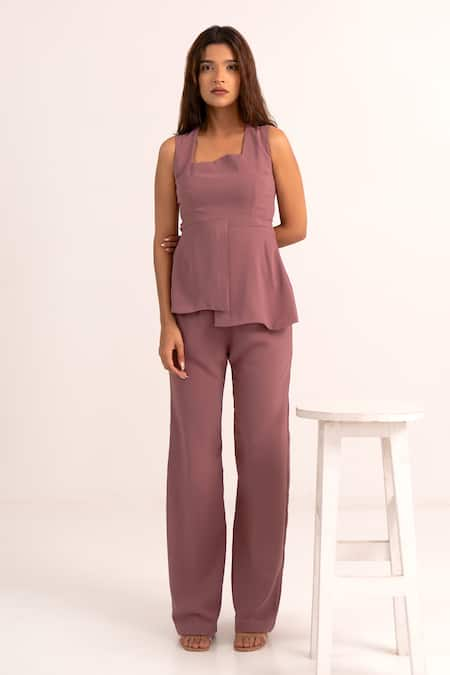 Kritika Madan Label Purple Crepe Plain Square Asymmetric Top And Pant Set 