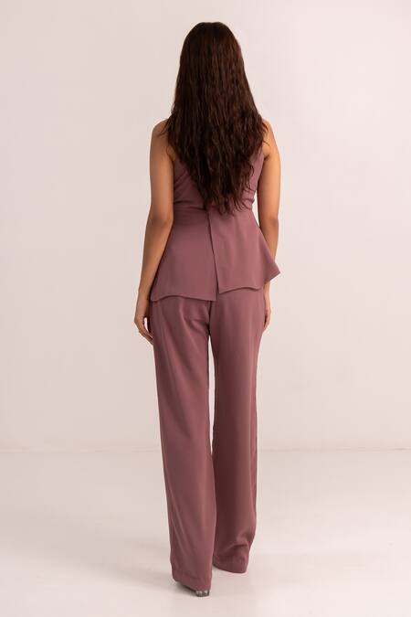 Shop Kritika Madan Label Purple Crepe Plain Square Asymmetric Top And Pant Set at Aza Fashions Shop_Kritika Madan Label_Purple Crepe Plain Square Asymmetric Top And Pant Set_at_Aza_Fashions