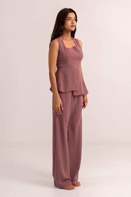 Kritika Madan Label Purple Crepe Plain Square Asymmetric Top And Pant Set Online at Aza Fashions Kritika Madan Label_Purple Crepe Plain Square Asymmetric Top And Pant Set_Online_at_Aza_Fashions