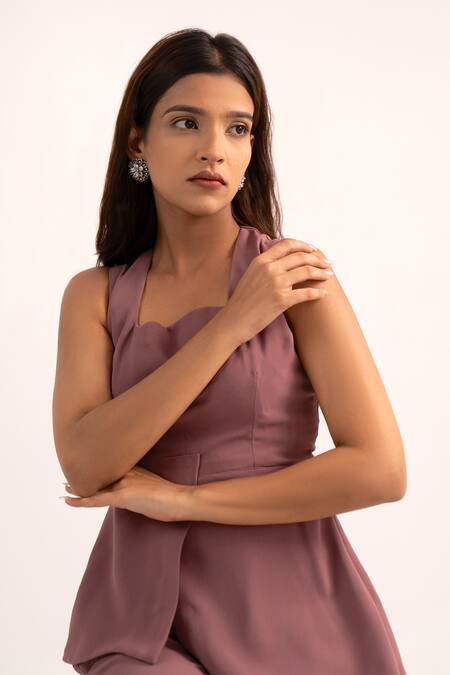 Shop Kritika Madan Label Purple Crepe Plain Square Asymmetric Top And Pant Set Online at Aza Fashions Shop_Kritika Madan Label_Purple Crepe Plain Square Asymmetric Top And Pant Set_Online_at_Aza_Fashions