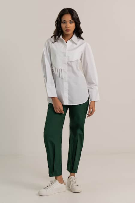 Kritika Madan Label White Cotton Plain Collared Asymmetric Panel Shirt And Pant Set 