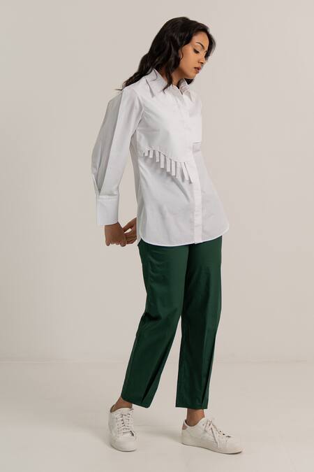 Kritika Madan Label_White Cotton Plain Collared Asymmetric Panel Shirt And Pant Set_Online_at_Aza_Fashions