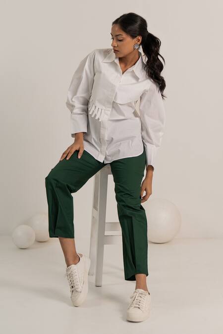 Buy_Kritika Madan Label_White Cotton Plain Collared Asymmetric Panel Shirt And Pant Set_Online_at_Aza_Fashions